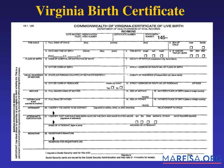 Printable United States Department of Health Division of Virginia birth certificate download for verification